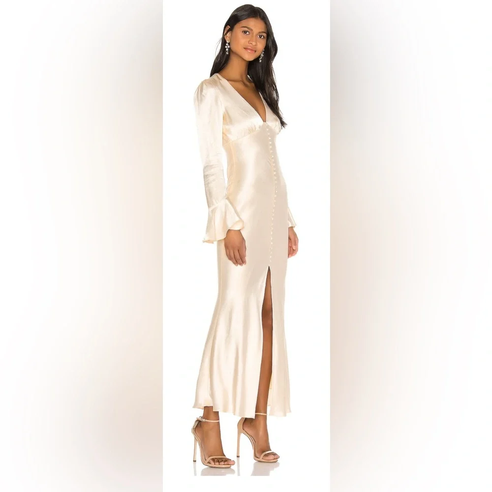 Shona Joy - La Lune Frill Cuff Bias Midi Dress in Cream - Picture 2 of 5